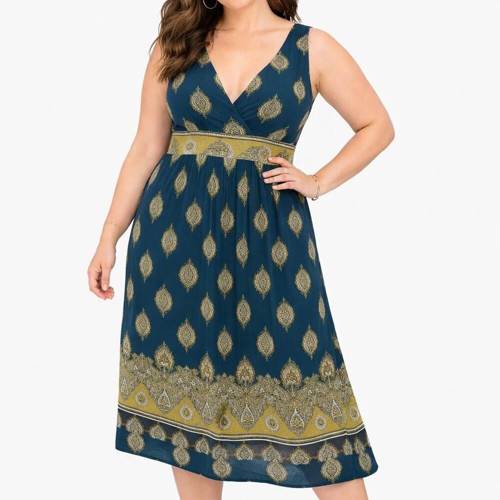 Jonathan Martin, blue yellow V-neck size 14 sleeveless midi length good conditio